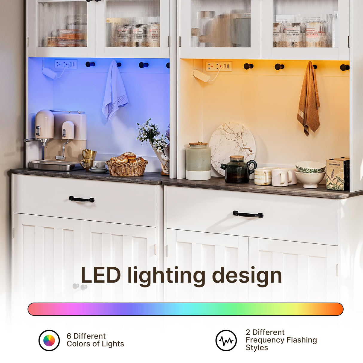 Gizoon 71" H Pantry Cabinet with LED Lights, Tall Farmhouse Kitchen Storage Cabinet with Charging Station, Modern Coffee Bar with Doors and Drawers, for Dining Room, Tabletop-Grey Gizoon