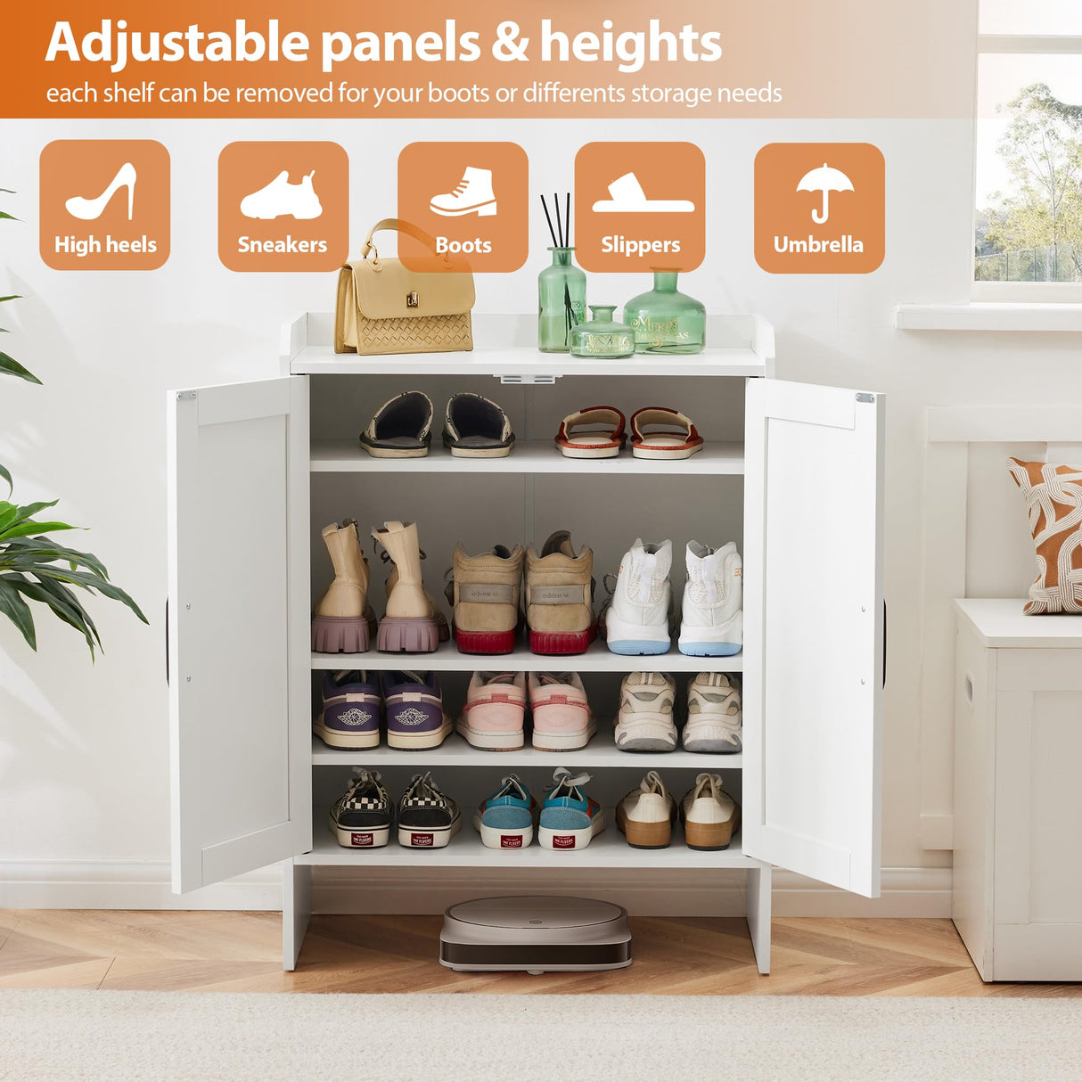 Mericonia Farmhouse Shoe Cabinet with Doors, Modern Large 5-Tier Shoe Storage Cabinet with Adjustable Shelves, Wooden Shoe Organizer for Entryway, Hallway, Closet, Bedroom, Living Room, White Mericonia