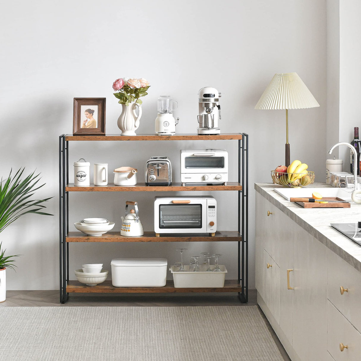 HCHQHS Bookshelf,4-Tier Industrial Bookcase,Rustic Wood and Metal Open Display Book Shelves Home Office,Bedroom Standing Shelf Unit,Horizontal Kitchen Shelf Organizer,Bathroom Storage Rack 47in