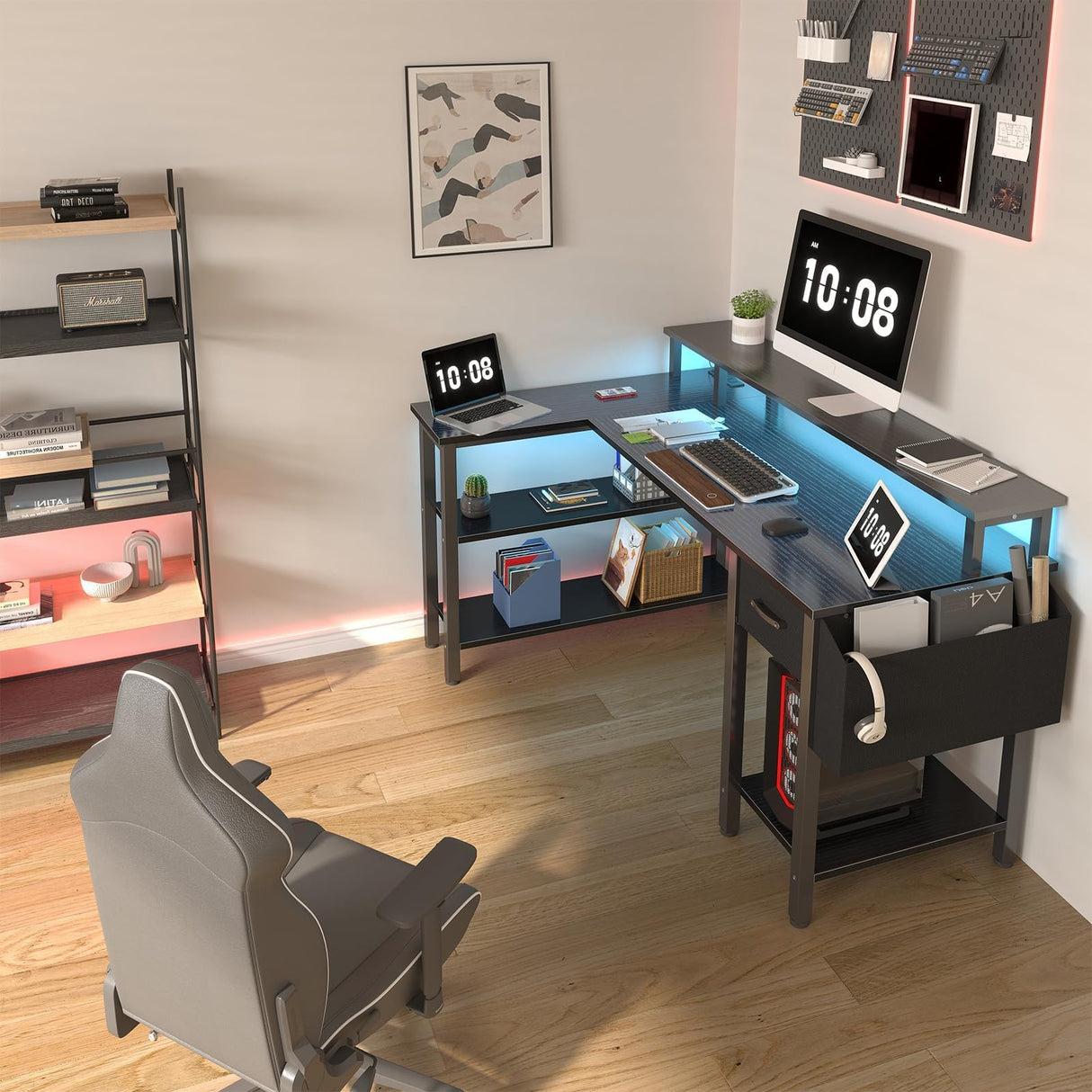 Lufeiya L Shaped Gaming Desk with Fabric Drawers and Storage Shelves, 47 inch Home Office Desk with Monitor Stand, Computer Desk with LED Lights and Power Outlets, Black Lufeiya