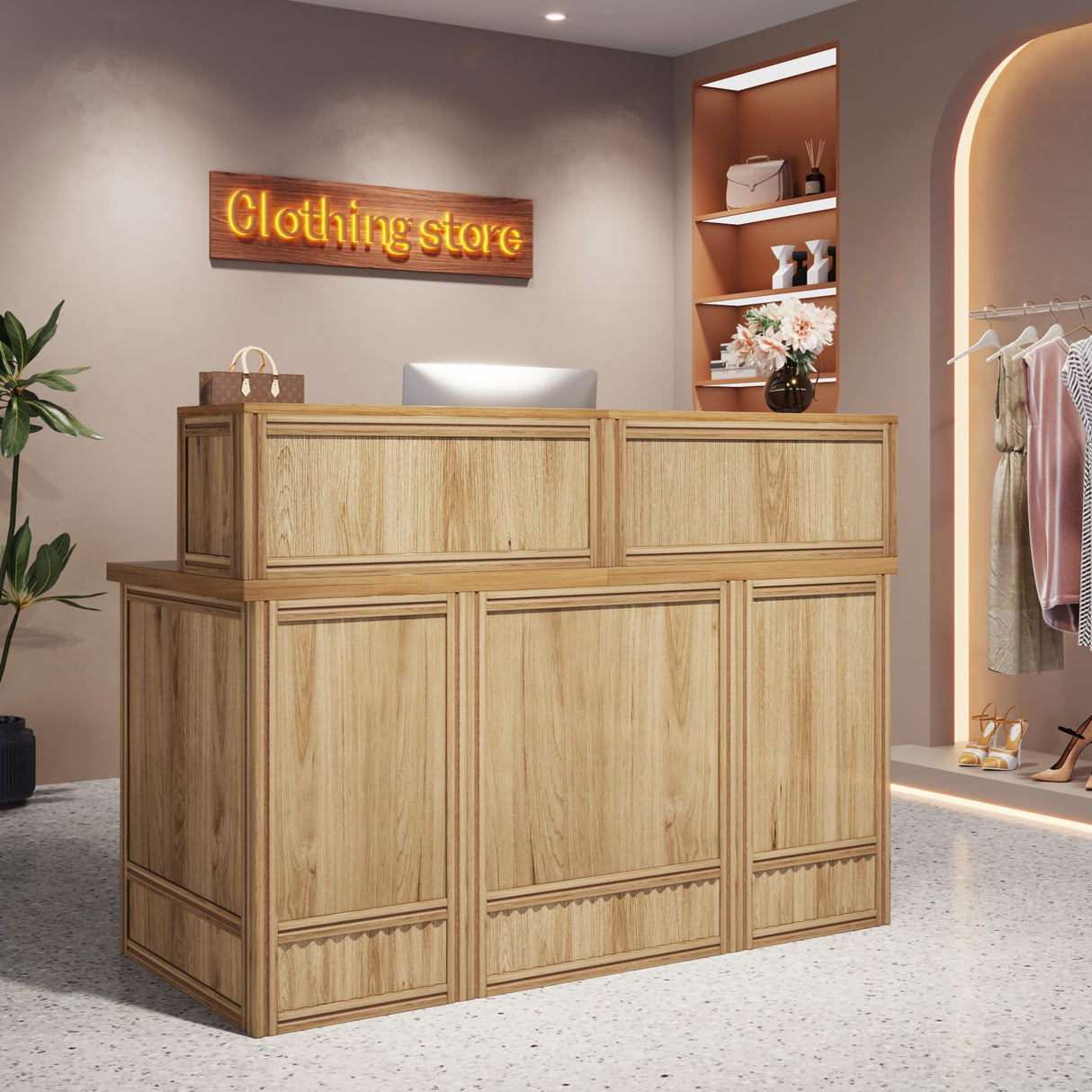 Tribesigns Reception Desk with Counter, 57-Inch Rustic Front Receptionist Table, Boho Welcome Desk Checkout Counter for Office, Retail, Lobby, Beauty Salon (Oak) Tribesigns