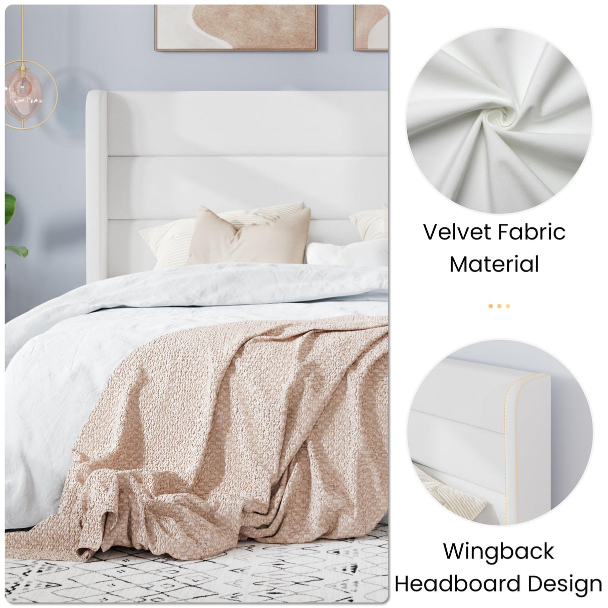 SHA CERLIN Full Size Velvet Bed Frame/Vertical Channel Tufted Wingback Headboard/Upholstered Platform Bed with Wooden Slats/Mattress Foundation/No Box Spring Needed/Easy Assembly/White SHA CERLIN