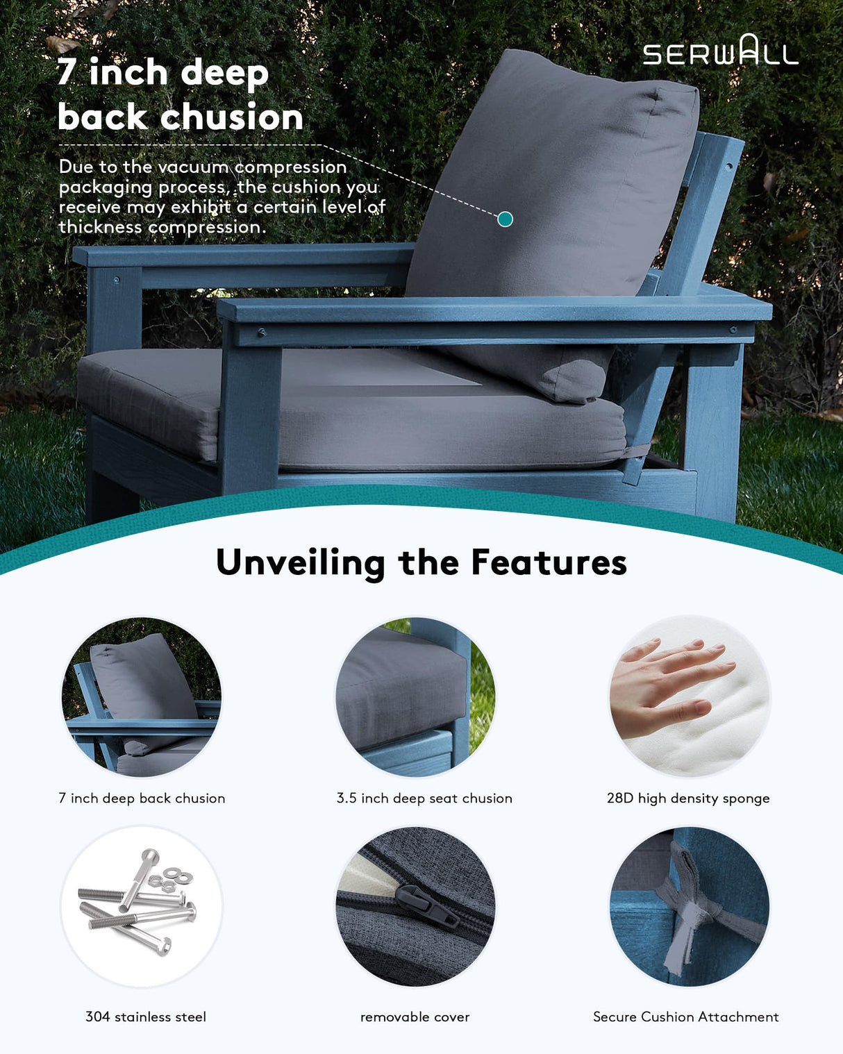 SERWALL HDPE Patio Furniture Set, 7-Piece Outdoor Sectional Sofa Set, All Weather Outdoor Couch Set for Deck, Lawn, Blue Frame with Grey Cushion SERWALL