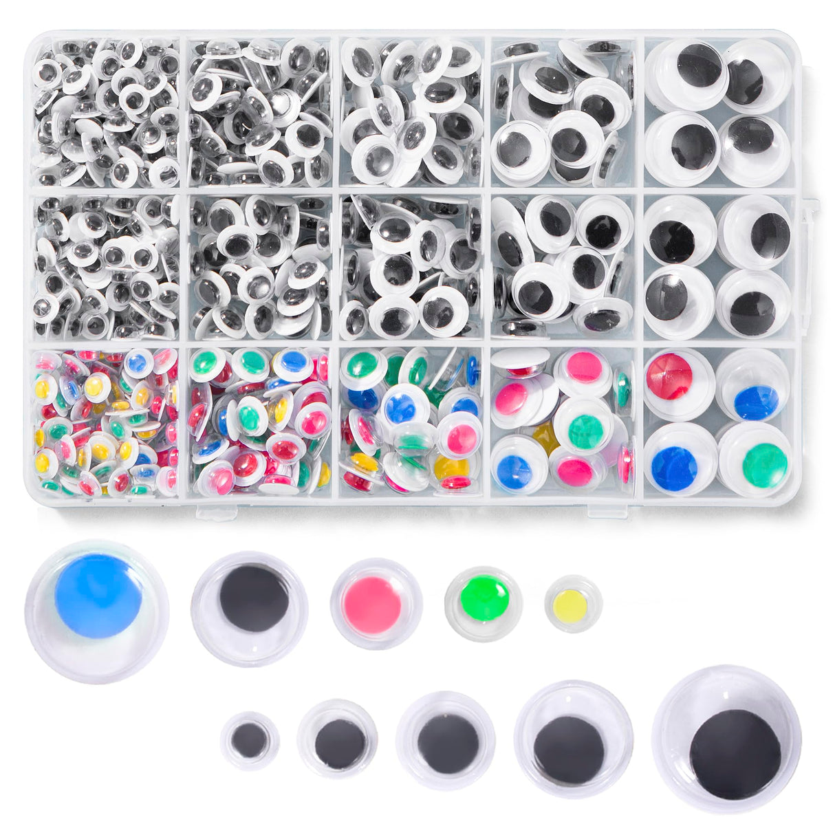 Hudinsun 600pcs Black and Multi Colors Wiggle Googly Eyes Self Adhesive, 6mm 8mm 10mm 12mm 15mm 20mm Small and Large Googly Eyes for Crafts Hudinsun