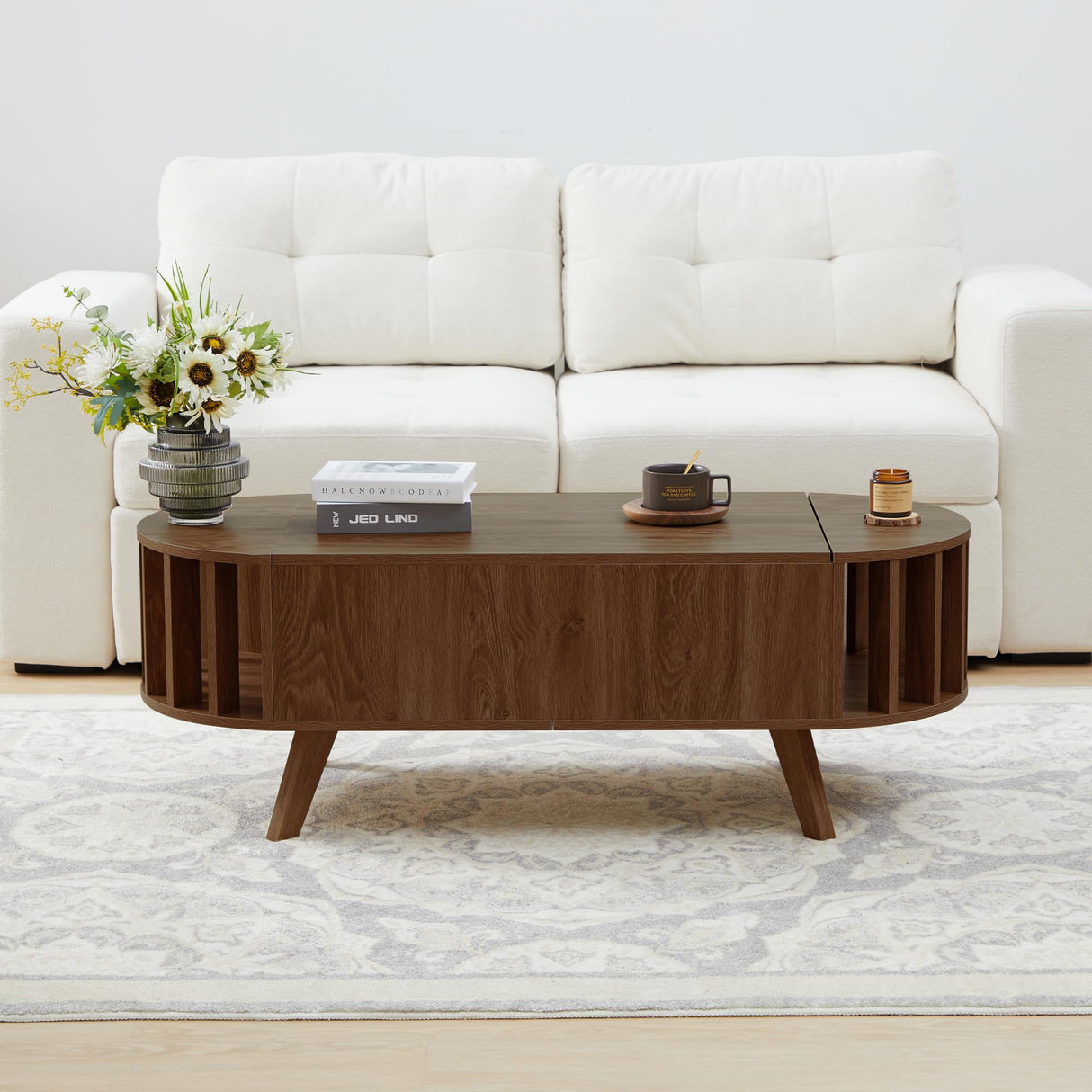 Janmer Home 47.3" Lift Top Coffee Table with Hidden Storage, Small End Table with Curved Edge Design, Oval Center Table with Lift Tabletop for Living Room, Office (Walnut) Janmer Home