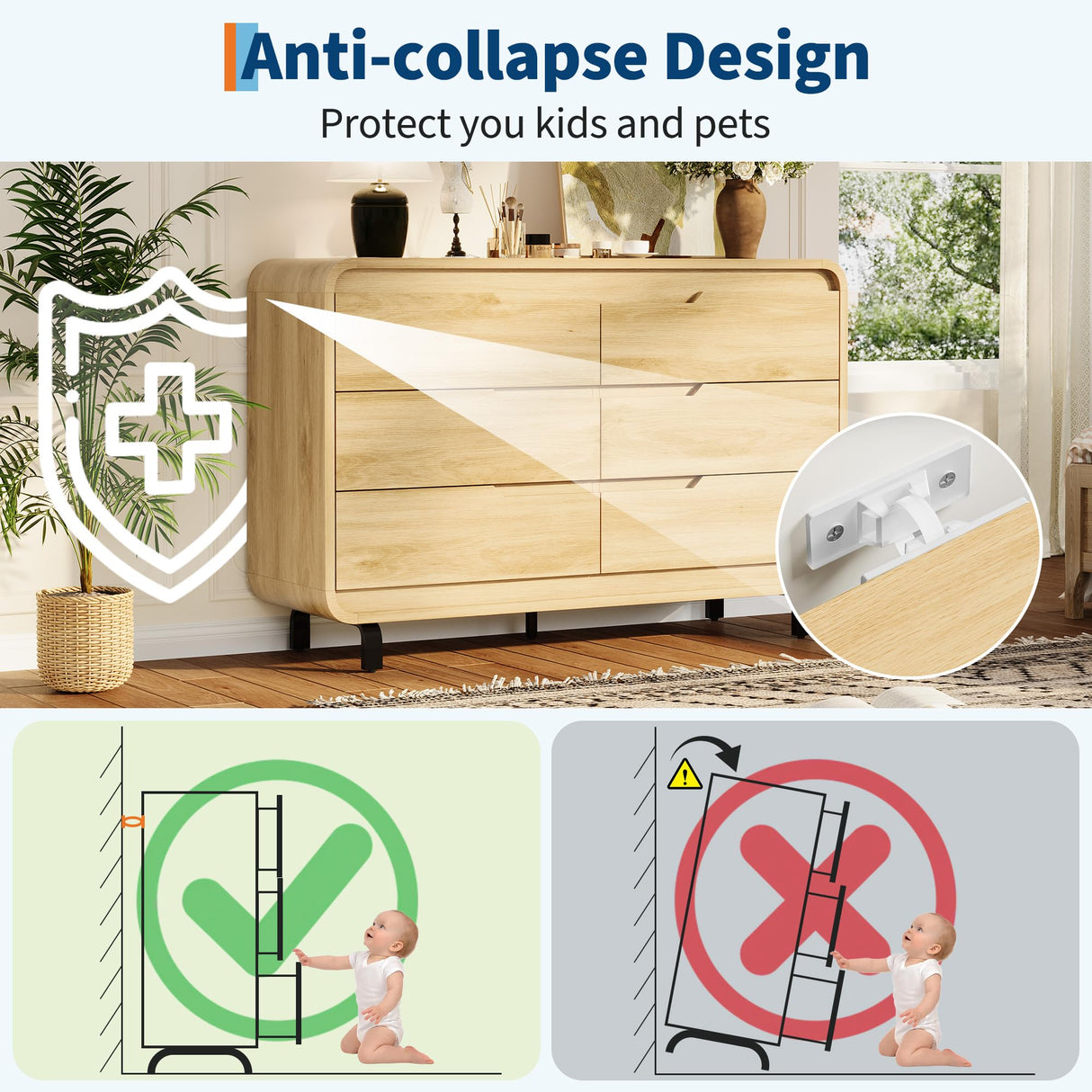 6 Drawers Dresser for Bedroom & Nursery, Modern Dresser with Safe Rounded Corners & Hidden Handles,Wooden Dresser Chest with Heavy Duty Anti-Tip Structure, Wide Storage Cabinet for Living Room GarveeHome