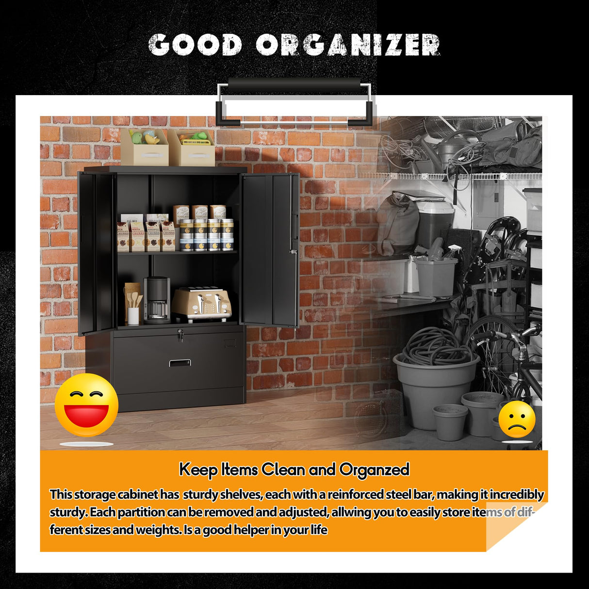 Greenvelly Metal Storage Cabinet,Black Steel Lockable Lateral File Cabinet with Doors and Shelves for Home Office Hanging Files Letter/Legal/F4/A4 Size Greenvelly