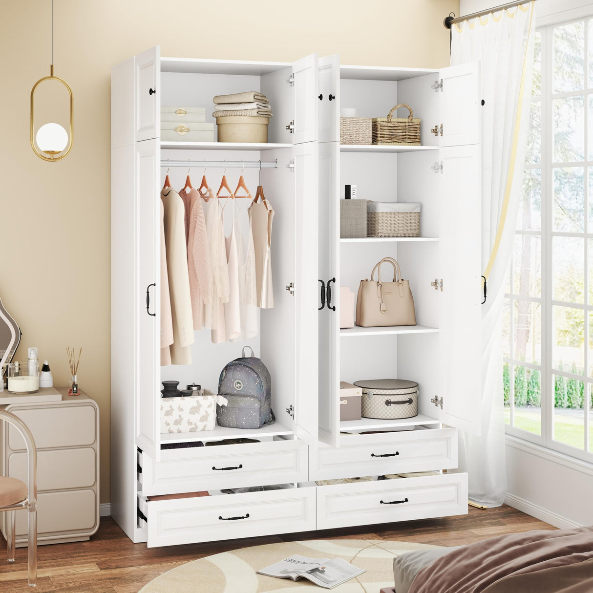 Mhsatyrs Armoire Wardrobe Closet with 4 Drawers: 88" White Bedroom Closet, Wood Wardrobe Closets with 4 Doors, Tall Armoire Cabinet and Storage Shelves for Clothing (63") Mhsatyrs