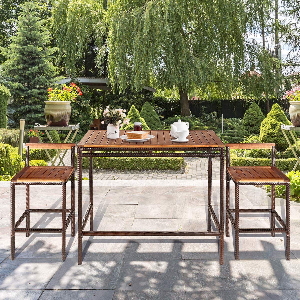 Tangkula 3 Pieces Patio Bar Table Set, Outdoor Rattan Bistro Set with Acacia Wood Top, Wood Table Set with 2 Bar Chairs for Dining Room, Backyard, Patio and Balcony Tangkula