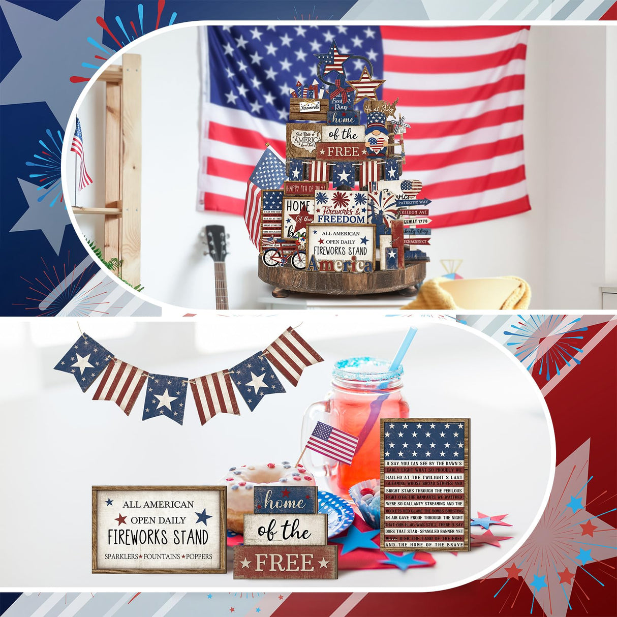 Seeloowy 26 Pcs 4th of July Patriotic Tiered Tray Decoration Independence Day USA Flag Wood Signs Rustic Wooden Tiered Tray Decorations for Labor Day Memorial Day Home Party (Cute Style) Seeloowy