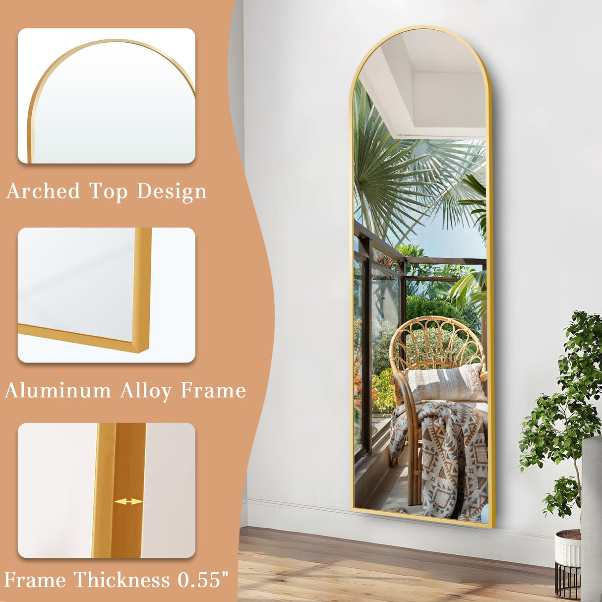 GlasFlength 58"x18" Arched Full Length Mirror, Elegant Full Body Mirror with Stand for Bedroom & Cloakroom, Gold GlasFlength