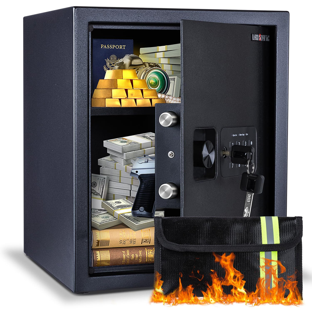 Safe Box, 1.7 Cubic Feet Home Safe, Electronic Digital Keypad, Alarm System, W/Fireproof Bag, Removable Shelf, Money Box for Money Documents, Home Use,13.78"D x 12.99"W x 16.54"H Locksworth