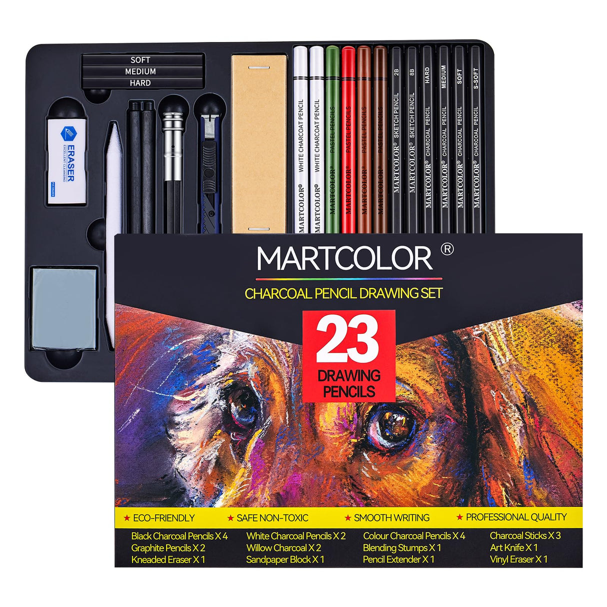 MARTCOLOR Charcoal Drawing Set, Set of 23, Graphite Pencils, Black & White Charcoal Pencils for Drawing, Sketching, Shading, Blending, Artist Pencils for Beginners & Pro Artists MARTCOLOR