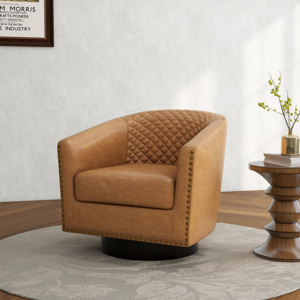 DREAMSIDEA Swivel Barrel Accent Chair, Comfy Modern Upholstered Round Faux Leather Arm Chair for Living Room, Bedroom(Coffee, Set of 2 DREAMSIDEA