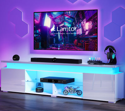Lamtor TV-Stand for 85 Inch TV - Led TV Stand with Power Outlet, Modern Entertainment Center with Glass Shelf, High Glossy Gaming TV Media Console for Living Room, White