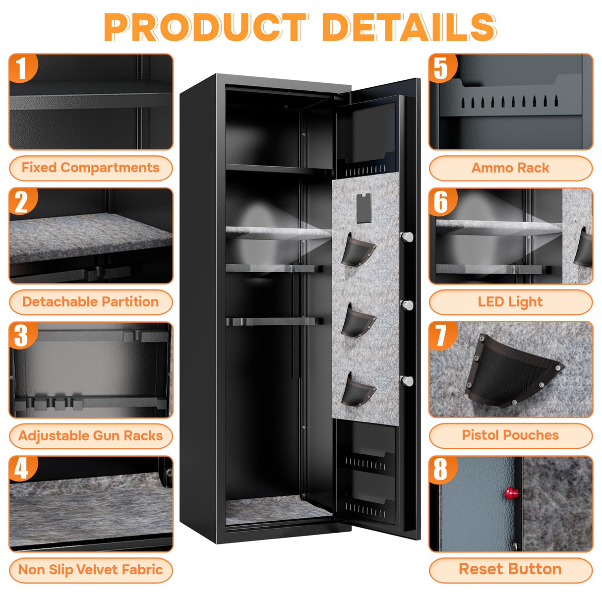 8-12 Fingerprint Gun Safe for Rifles and Pistols,No Assembly Required,Gun Safes for Rifle and Password Lock, Gun Cabinet for Home with Adjustable Shelves Metallitrend