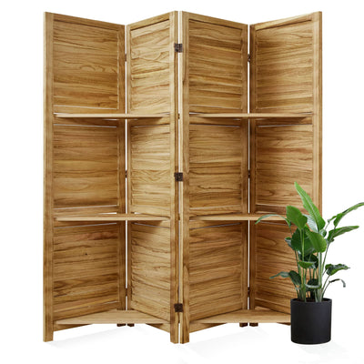 Partition Room Dividers, 67 * 51inch Folding Wood Privacy Screen with Three Display Shelves Suitable for Home Office, Study, Art Display - 4 Panel(Natural)