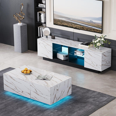 Svimi Modern Coffee Table & 65" TV Stand Set of 2, LED Entertainment Center with Power Outlets/Hidden Storage (White Coffee Table + White TV Stand)