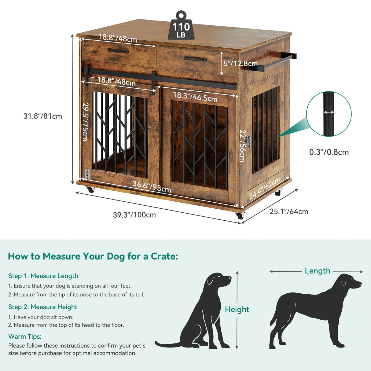 YITAHOME Dog Kennel Furniture for 2 Dogs, 39 inch Double Dog Crate with Storage Drawers, Indoor Wooden Dog House Heavy Duty for 2 Small Medium Dogs, Brown YITAHOME