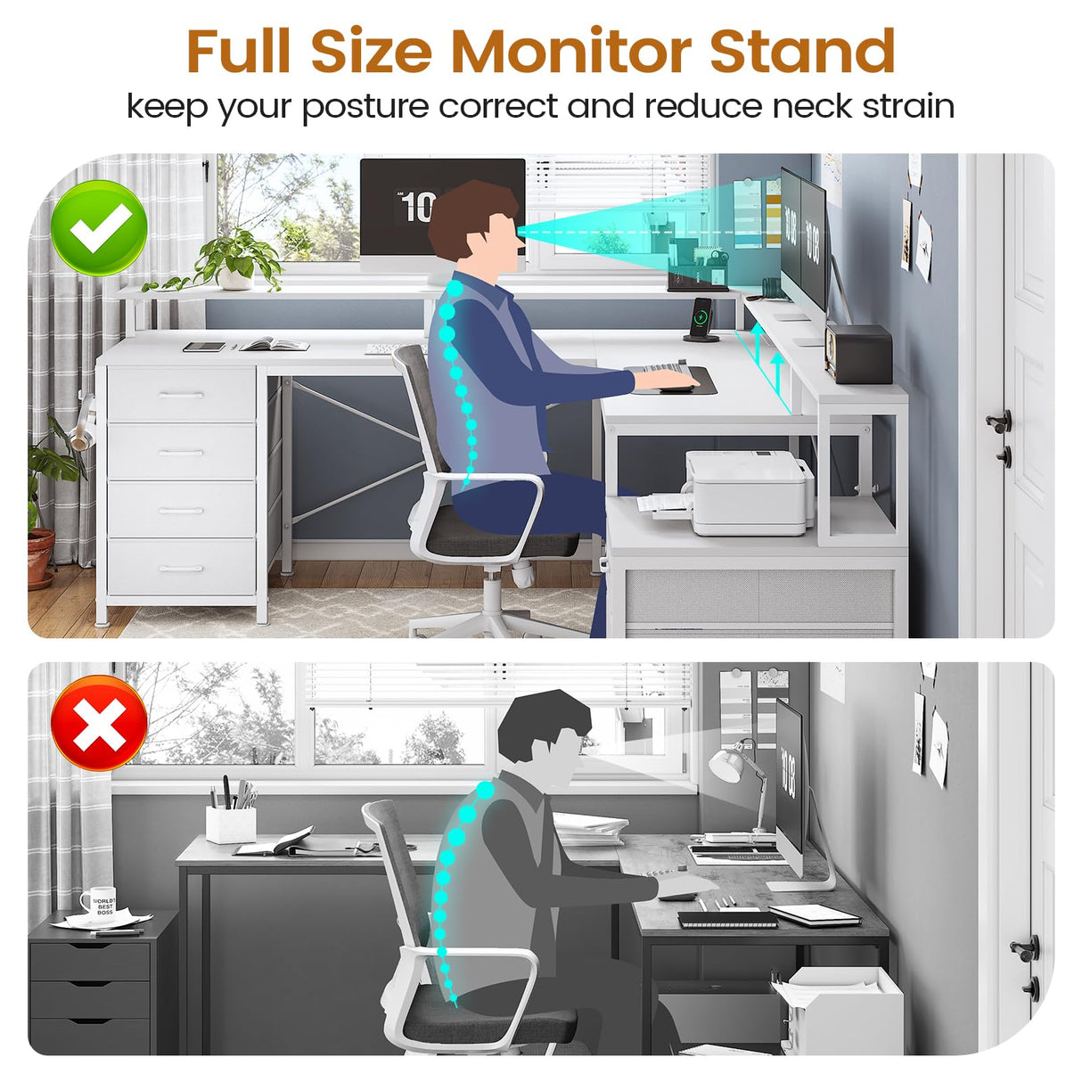 SEDETA L Shaped Desk with 6 Drawer, 108" Home Office Desk with File Drawer & Power Outlet, Corner Computer Desk with Monitor Shelf, File Cabinet, Two Person Desk, Gaming Desk with Led Lights, White SEDETA