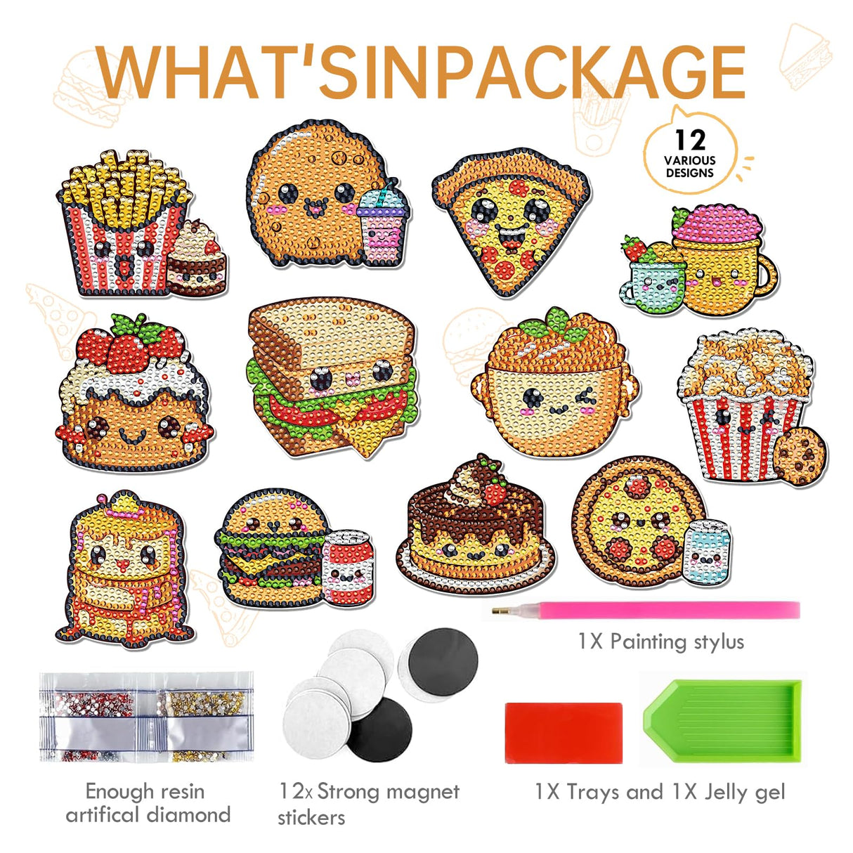 INCOK Refrigerator Diamond Art Magnets - 12 PCS DIY Diamond Painting Fridge Magnets with Cute Hamburg Fries Pizza Popcorn Sandwich Cake Pattern Fast Food Home Decors Birthday Gift for Adults Beginners INCOK