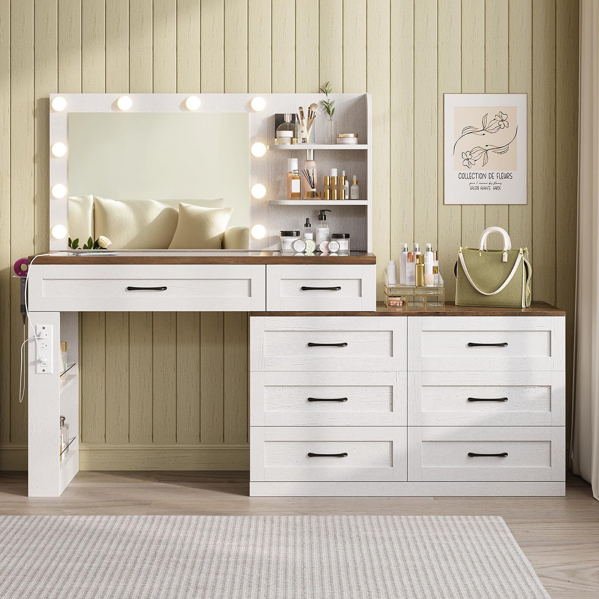 Farmhouse Large Makeup Vanity Desk, Glass Top Vanity Dresser Combo, Make Up Dressing Table, with Mirror and Lights and 8 Drawers, with Charging Station and Storage, for Bedroom, Dressing Room, White Vabches