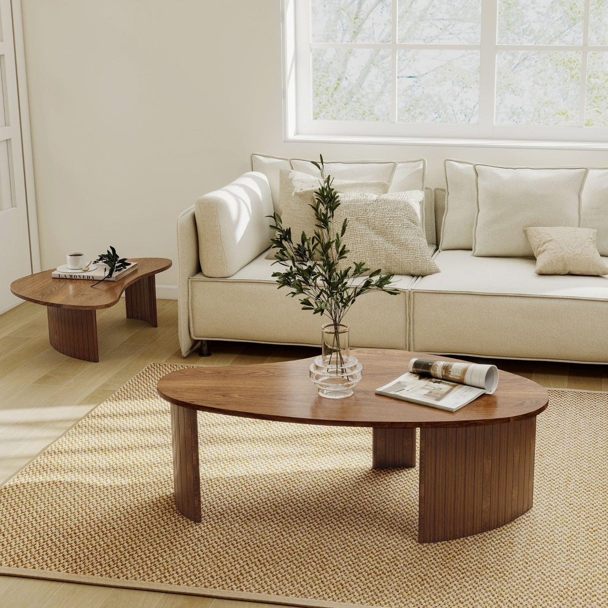 Hyfirm Walnut Nesting Coffee Table Set - 2-Piece Fluted Rubberwood Legs Living Room Center Furniture - MDF with Ash Veneer Irregular Oval Side Tables Hyfirm