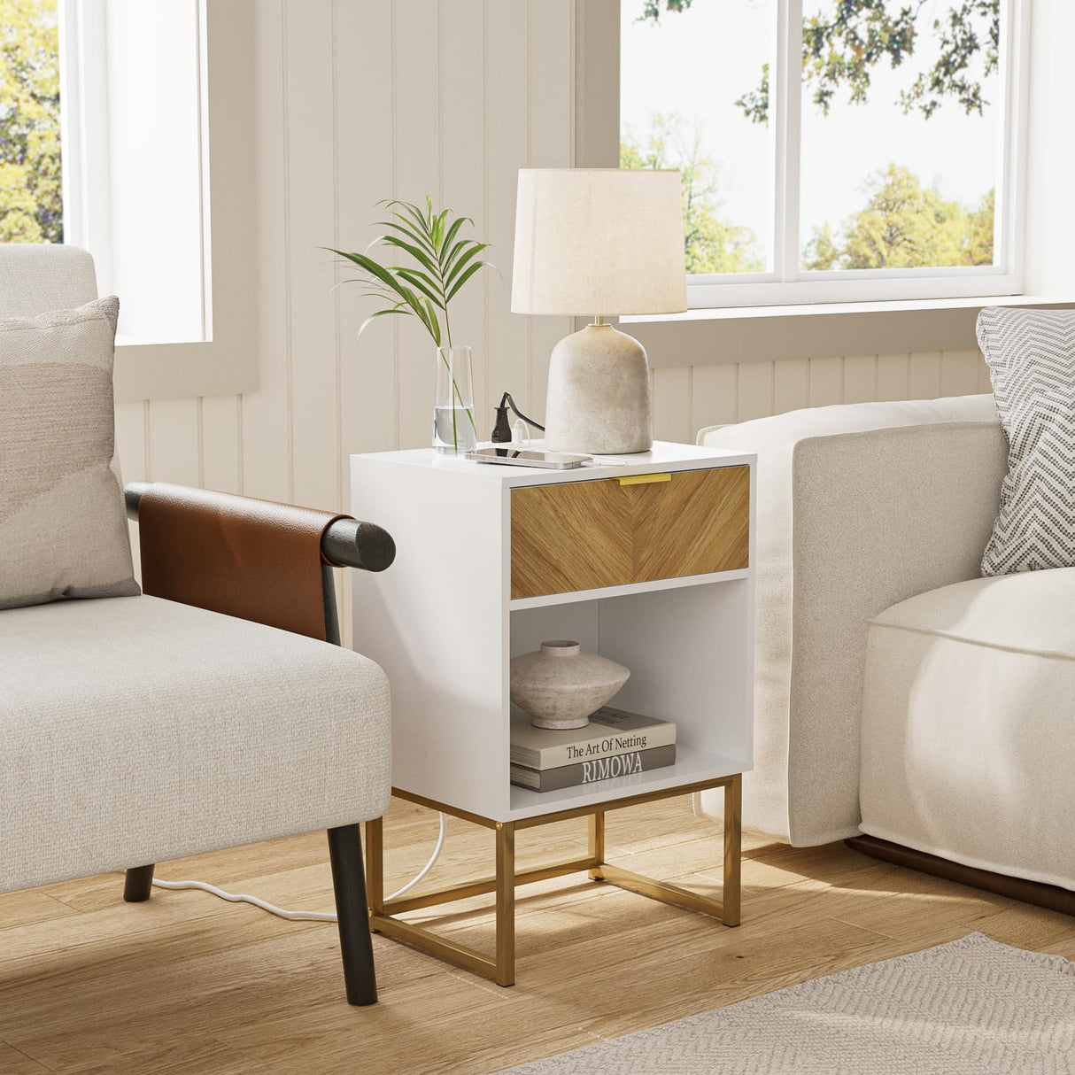 Masupu Night Stand with Charging Station,Modern Nightstand Boho Farmhouse Wood Bedside Table with Storage Drawer Side End Table for Bedroom,Living Room,Office,White with Outlet Masupu