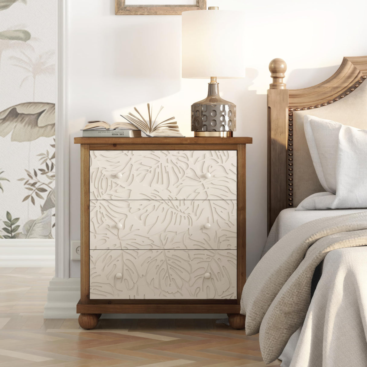 COZAYH Farmhouse 3-Drawer Dresser, French Country Chest of Drawer with Leaves Pattern Carved, Distressed Finish, White & Brown COZAYH