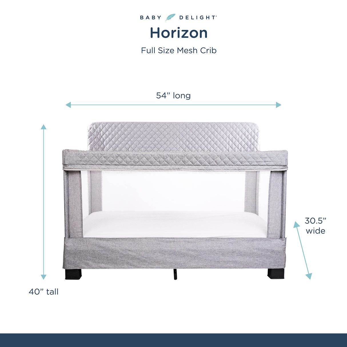 Baby Delight Horizon Full Size Crib, Breathable Mesh Walls, Tool-Free Assembly Baby Bed, Luxe Quilted Easy to Clean Fabric, Grey Baby Delight