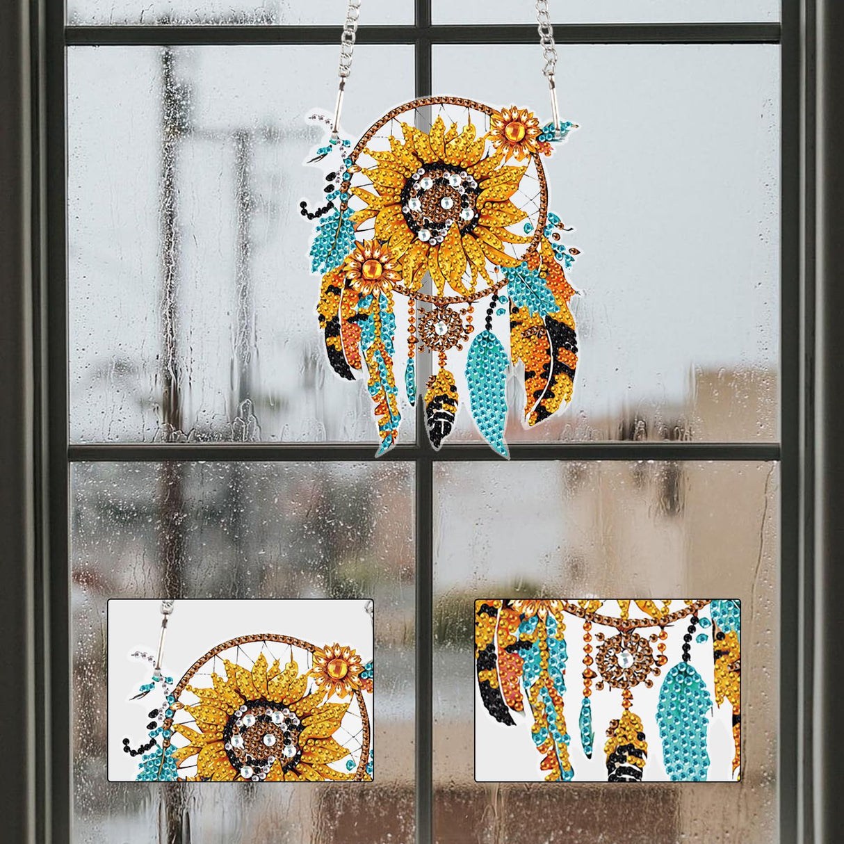 Sunflower Dream Catcher Diamond Painting Kit Ornament with Hanging Chain DIY Diamond Art Hanging Pendant Paint by Number Stained Glass Wall Art for Adults Home Wall Decor Gift AiYuanzsh