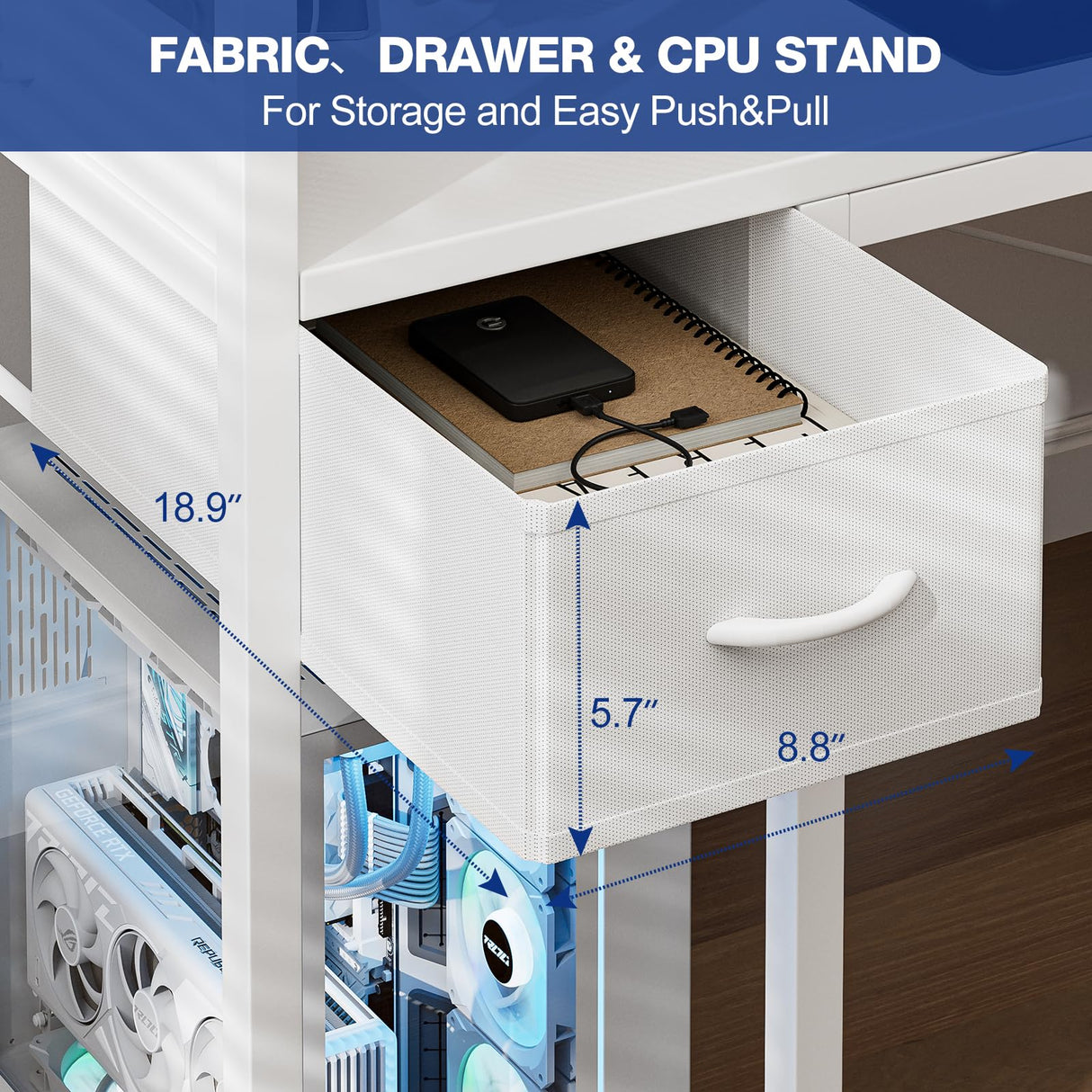 Grandder Gaming Desk 40 Inch with Power Outlet and LED Light, Computer Desk with Reversible Shelves and Storage Drawer, Pc Small Desk for Home Office Table with Bag, Carbon Fiber White Grandder