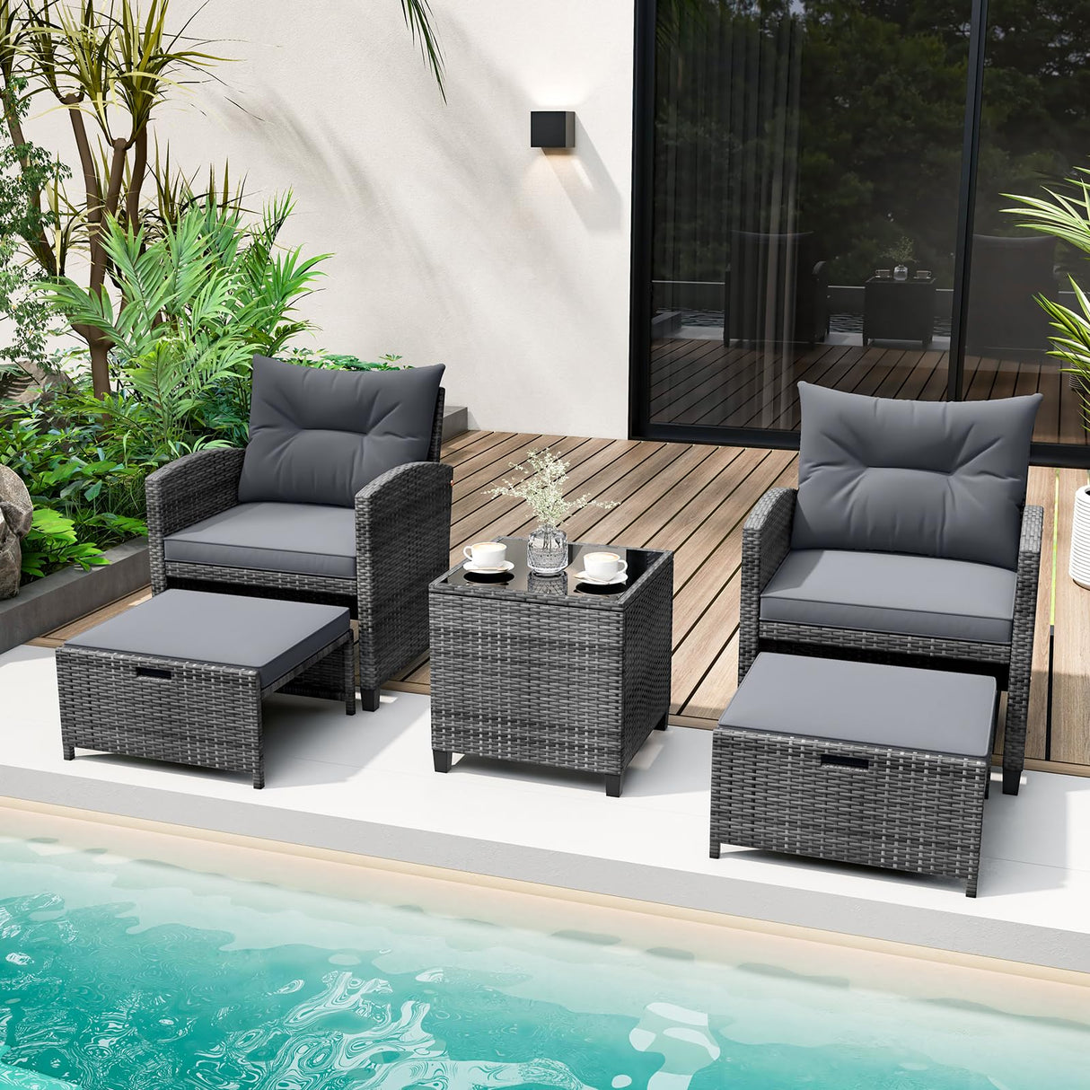 Tangkula 5 Piece Patio Rattan Furniture, Wicker Cushioned Chairs Set w/ 2 Ottomans & Tempered Glass Coffee Table, for Poolside, Backyard, Lawn, Deck Tangkula