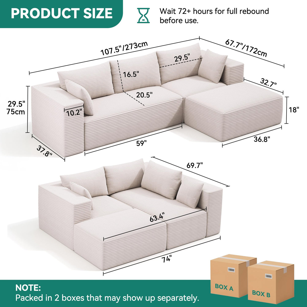 DWVO 108" Modular Sectional Couch with L-Shape Chaise, Modern Cloud Sectional Sofa with Deep Seat, Upholstered Couches for Living Room Bedroom, No Assembly Required, Beige DWVO