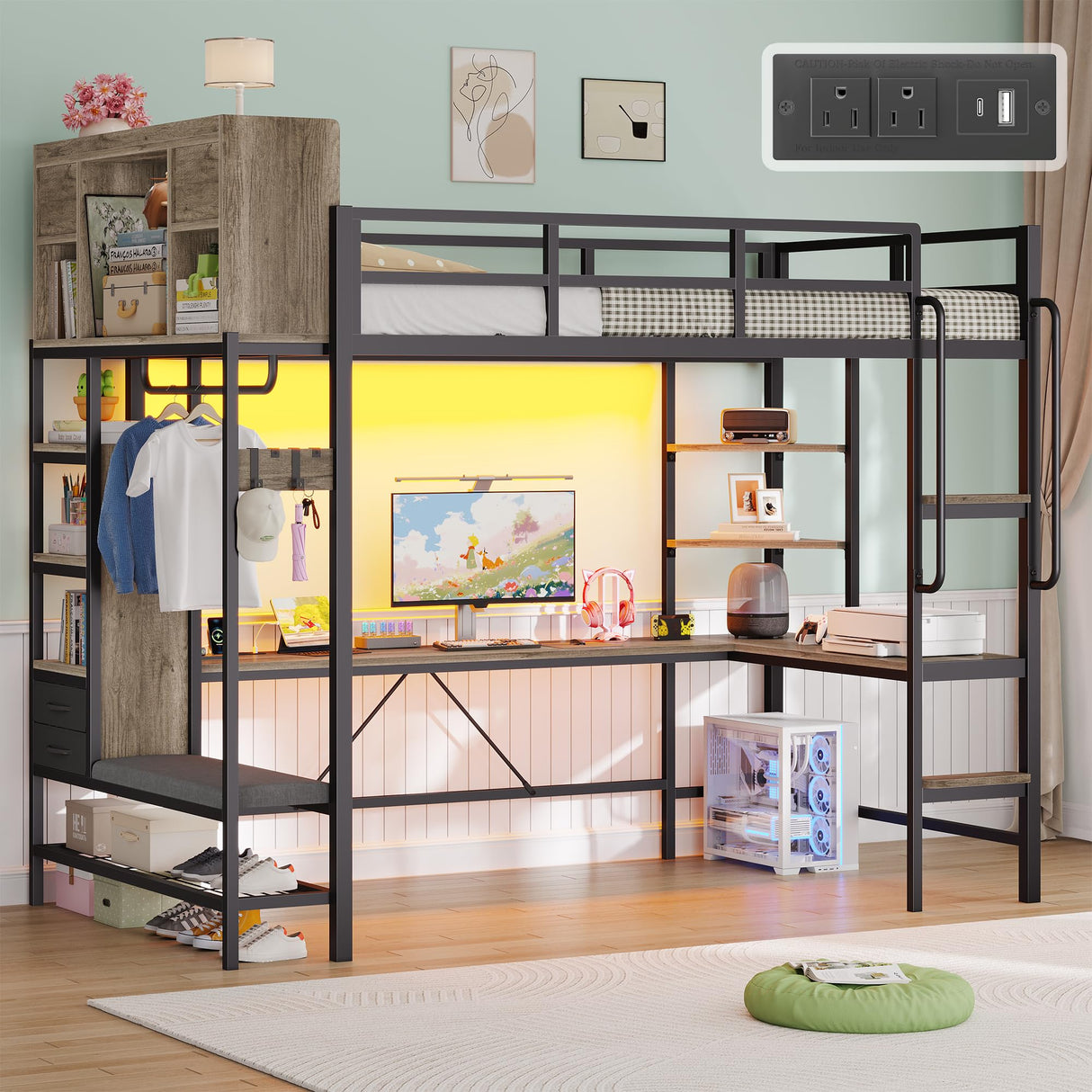 busyaeh Loft Bed with Hall Tree, Twin Loft Bed with Desk, Storage Headboard & 2 Drawers, Twin Size Loft Bed with LED Lights, Charging Station, Safety Guardrail & Ladder, No Box Spring Needed,Oak Gray busyaeh