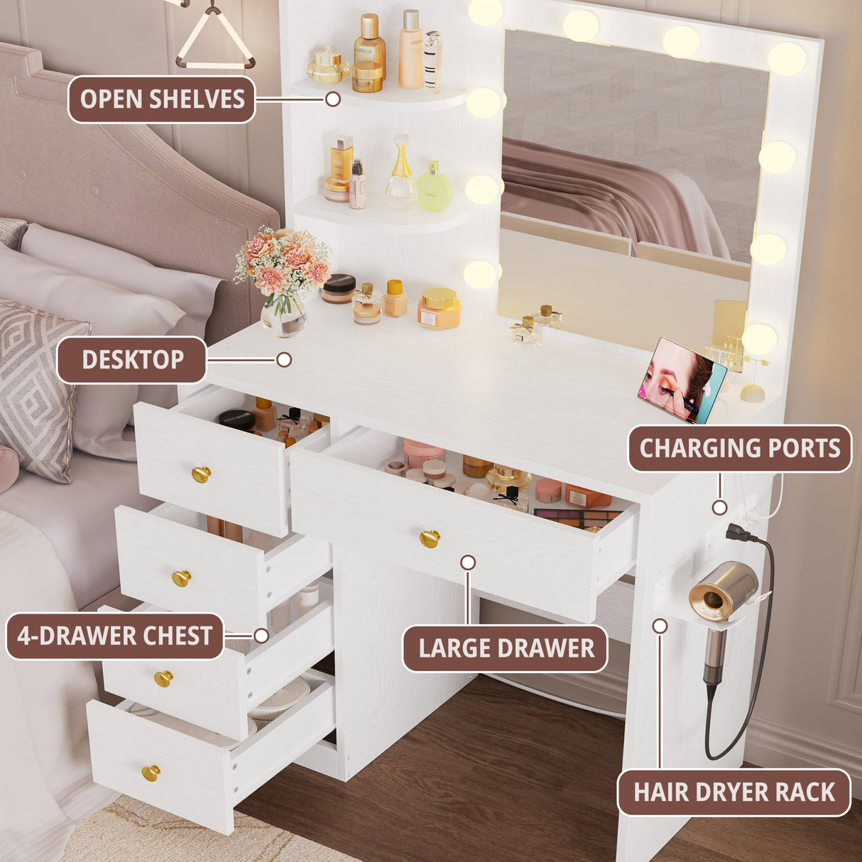 IRONCK Vanity Desk with Mirror and Lights, Small Makeup Vanity Table with 5 Drawers, Power Outlet, and Vanity Stool, 3 Lighting Colors, Dressing Table for Women Girls Bedroom, White IRONCK