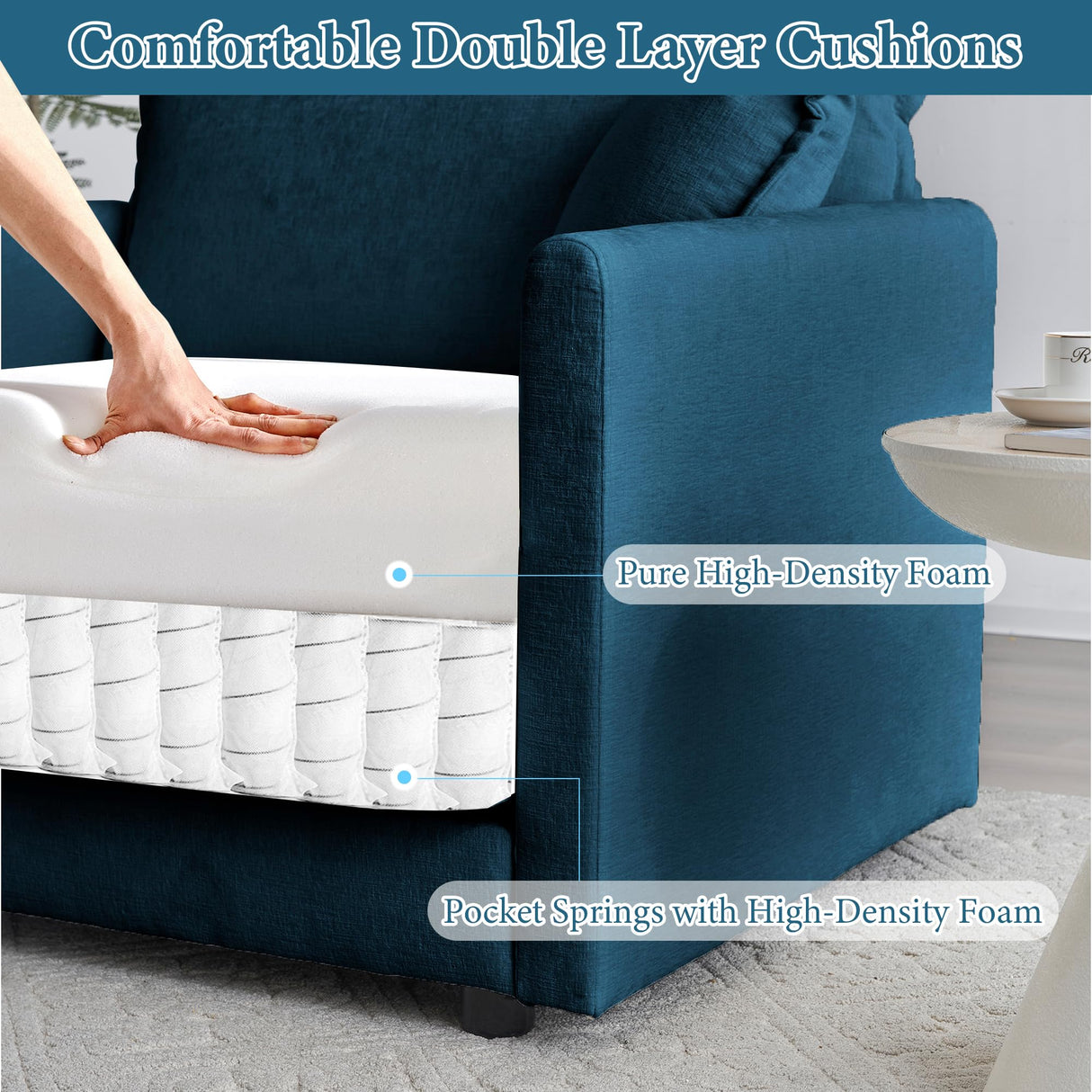 111.42" Deep Seat Sectional Cloud Sofa Sleeper with 3 Ottomans & Soft Pillows, 6 Seat Modular Couch Bed for Living Room, Apartment, Dark Blue Chenille Tmsan