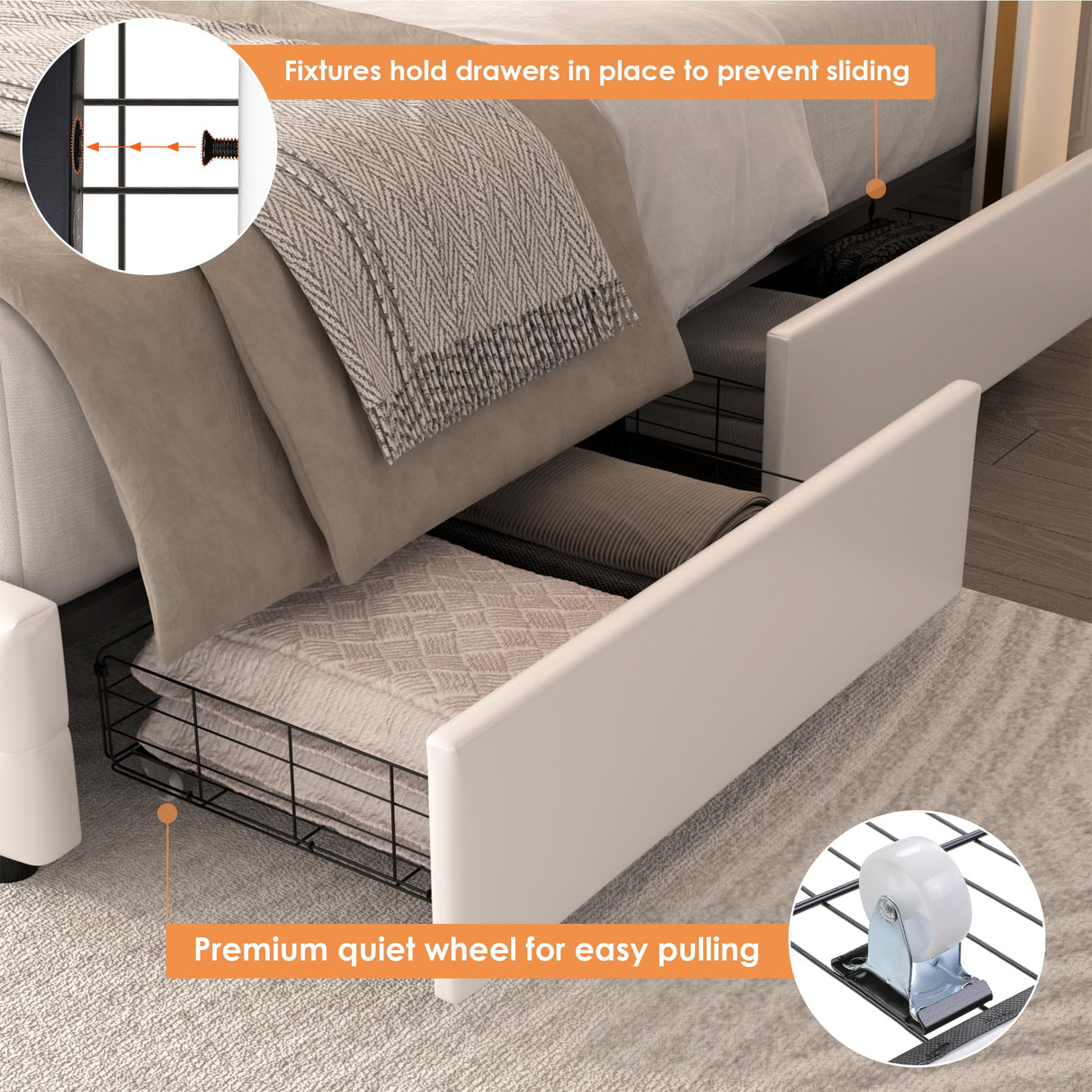 HIFIT Full Smart LED Platform Bed Frame with 4 Storage Drawers, Crystal Button-Tufted & Stainless Gold Trim Wingback Headboard, Modern PU Upholstered White /No Box Spring Needed/Easy Assembly HIFIT