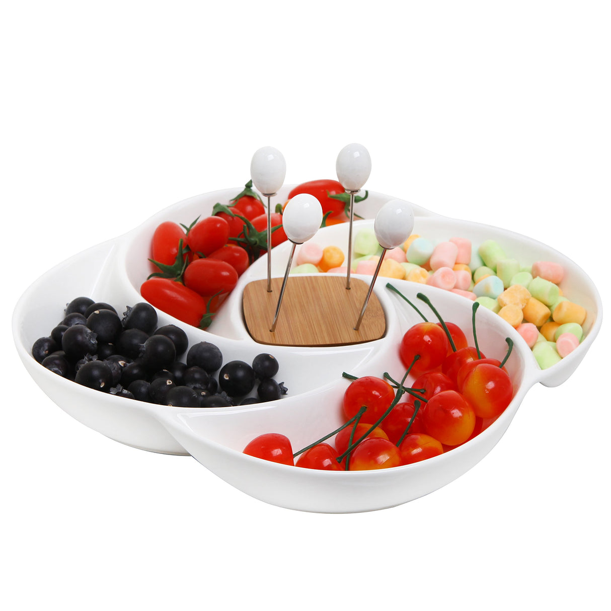 MyGift Decorative White Ceramic Charcuterie Platter Appetizer Olive Bowl Serving Tray with Food Picks and Wood Holder MyGift
