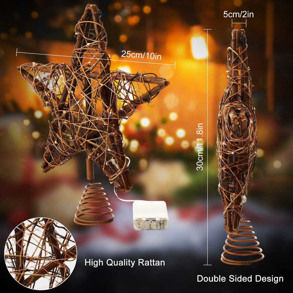 Star Tree Toppers Christmas Decorations Indoor Natural Brown Rattan Star Christmas Tree Topper Lighted Rustic Rattan Star Rustic Rattan Treetop Holiday Xmas Party Decorations (Coloured Light) Mudder