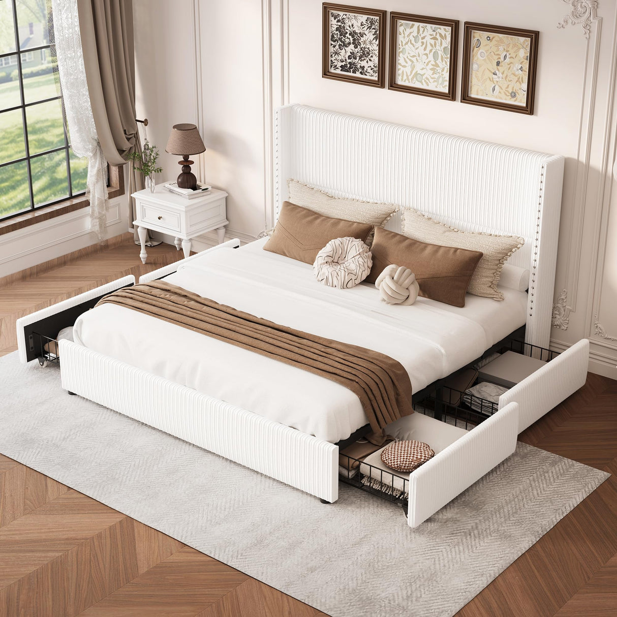 LARMACE King Size Bed Frame with 4 Storage Drawers Modern White Corduroy Upholstered Platform Bed Frame with Headboard Tufted Vertical Stripe &Wooden Slats Support, No Box Spring Need,Easy Assembly LARMACE