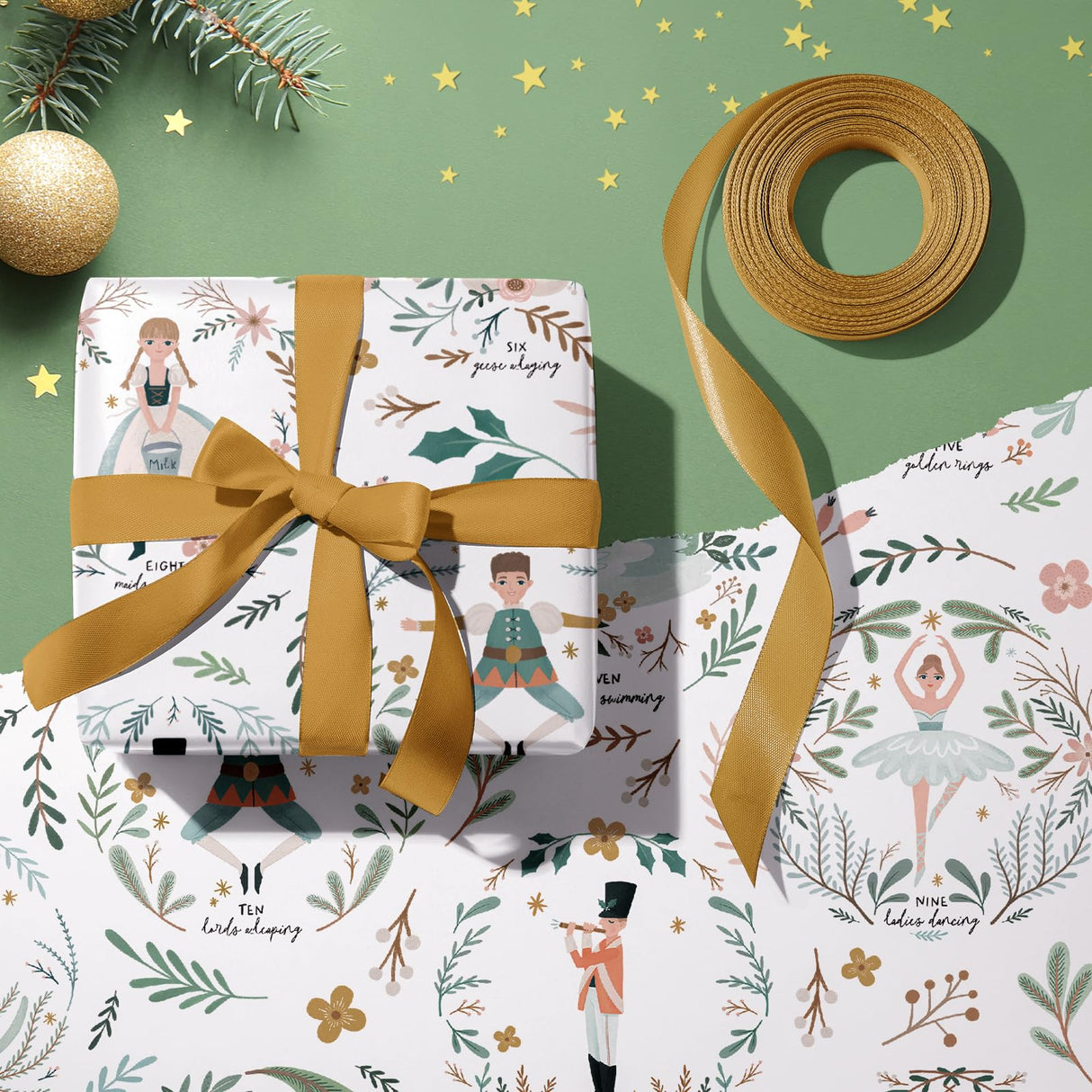 WRAPAHOLIC Kraft Christmas Wrapping Paper - Mini Roll - 17 Inch x 33 Feet - Cute Girl and Boy with Floral and Leaves Design for Christmas, Holiday, Party Celebration WRAPAHOLIC