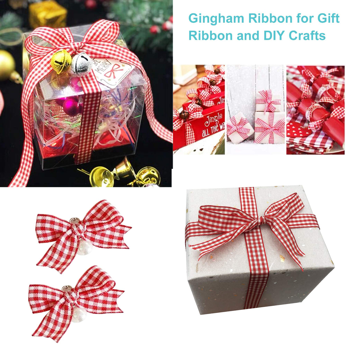 Red and White Gingham Ribbon, 5/8" x 25Yd Roll Picnic Craft Red Buffalo Ribbon for Crafts Hair Accessories and Christmas Gift Wrapping,5/8 Inch Polyester Woven Edge +60" Tape Measurement DAYEDZ