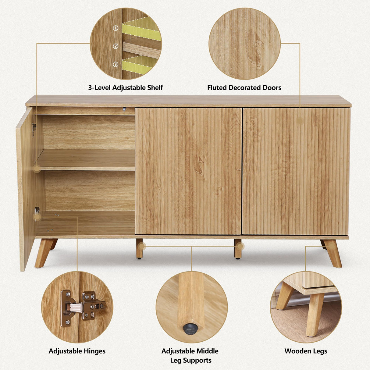 Fluted Sideboard Buffet Cabinet with Storage, Modern Storage Cabinet with 3 Doors, Wood Credenza Buffet Sideboards, Bar Cabinets Console Table for Kitchen Dining Living Room Entryway (Natural) XUZENEST