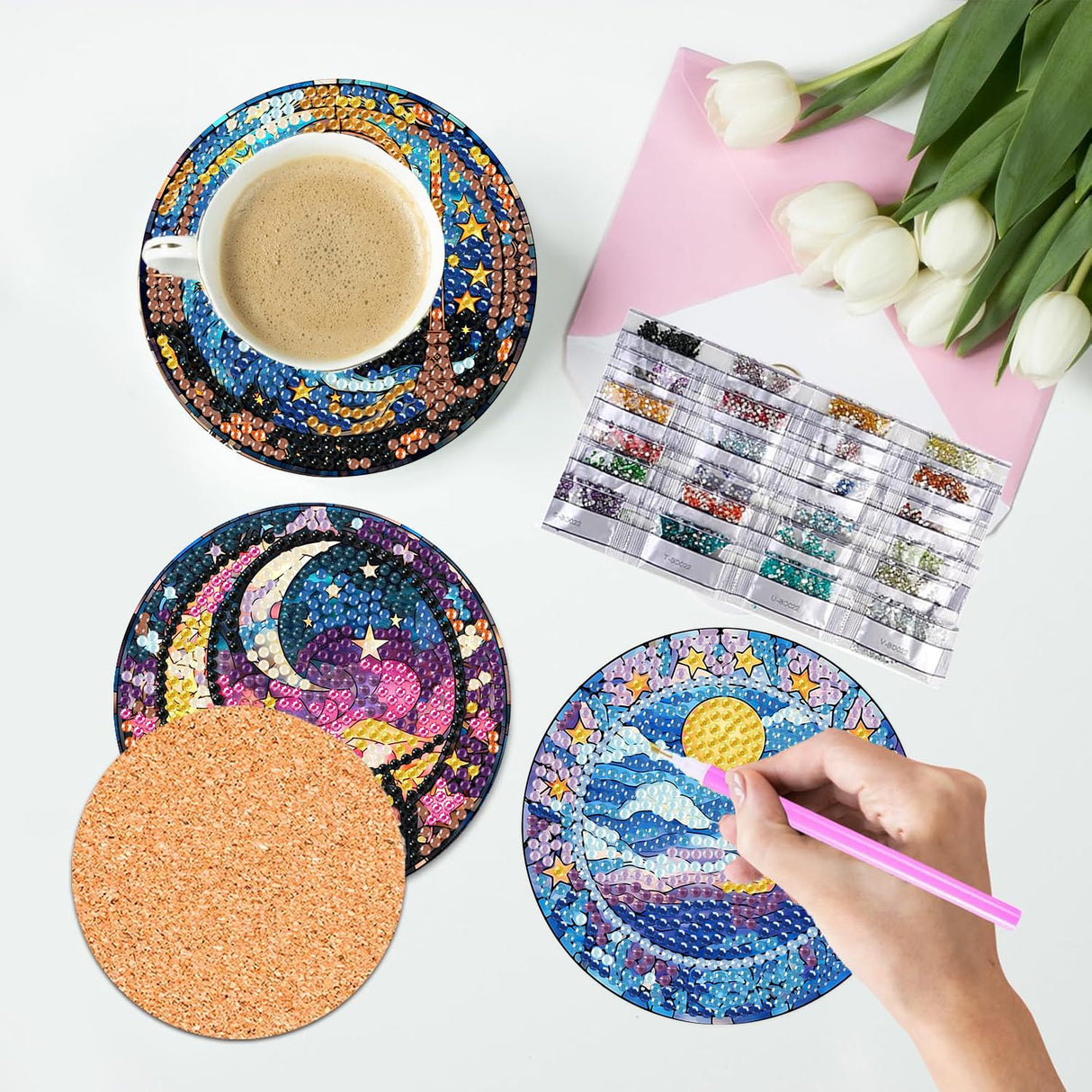 8 Pcs Diamond Art Coasters Moon Diamond Painting Coasters Kits with Holder Cork Pads DIY Moon Diamonds Art Painting Coaster Set for Adults Beginners Crafts Supplies mrpwnle