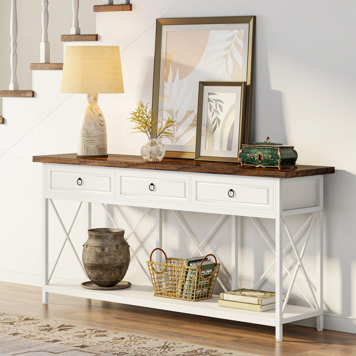 Tribesigns 70.8" Console Table with 3 Drawers, Farmhouse Entryway Table with Storage Shelf, Narrow Long Sofa Foyer Table for Entryway, Hallway (White/Brown) Tribesigns