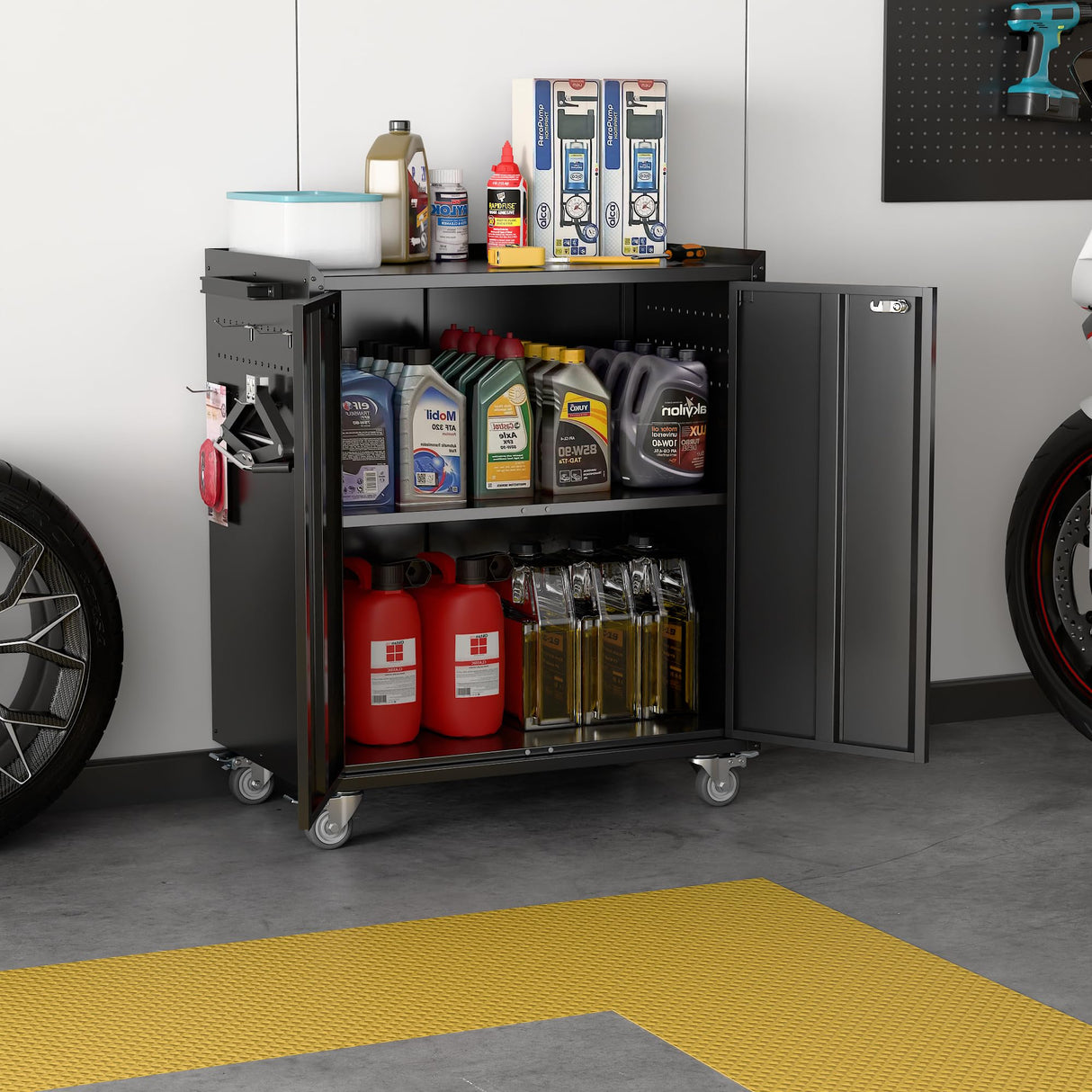 SUXXAN Metal Garage Storage Cabinet on Wheels, Black Steel Rolling Tool Cabinet with 2 Doors Pegboard a Handle Hooks Adjustable Shelves for Home Office Garage, Assembly Required SUXXAN