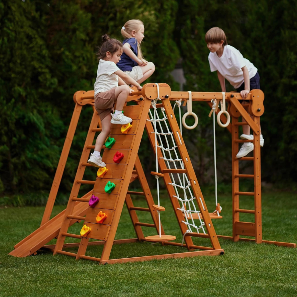 Avenlur 8-in-1 Small Indoor/Outdoor Playset – Foldable Wooden Kids Play Set for Backyard – Kid Playground for Toddlers Age 2–6 with Slide, Monkey Bars, 2 Ladders, 2 Swings, Rock Climbing, Gym Rings Avenlur