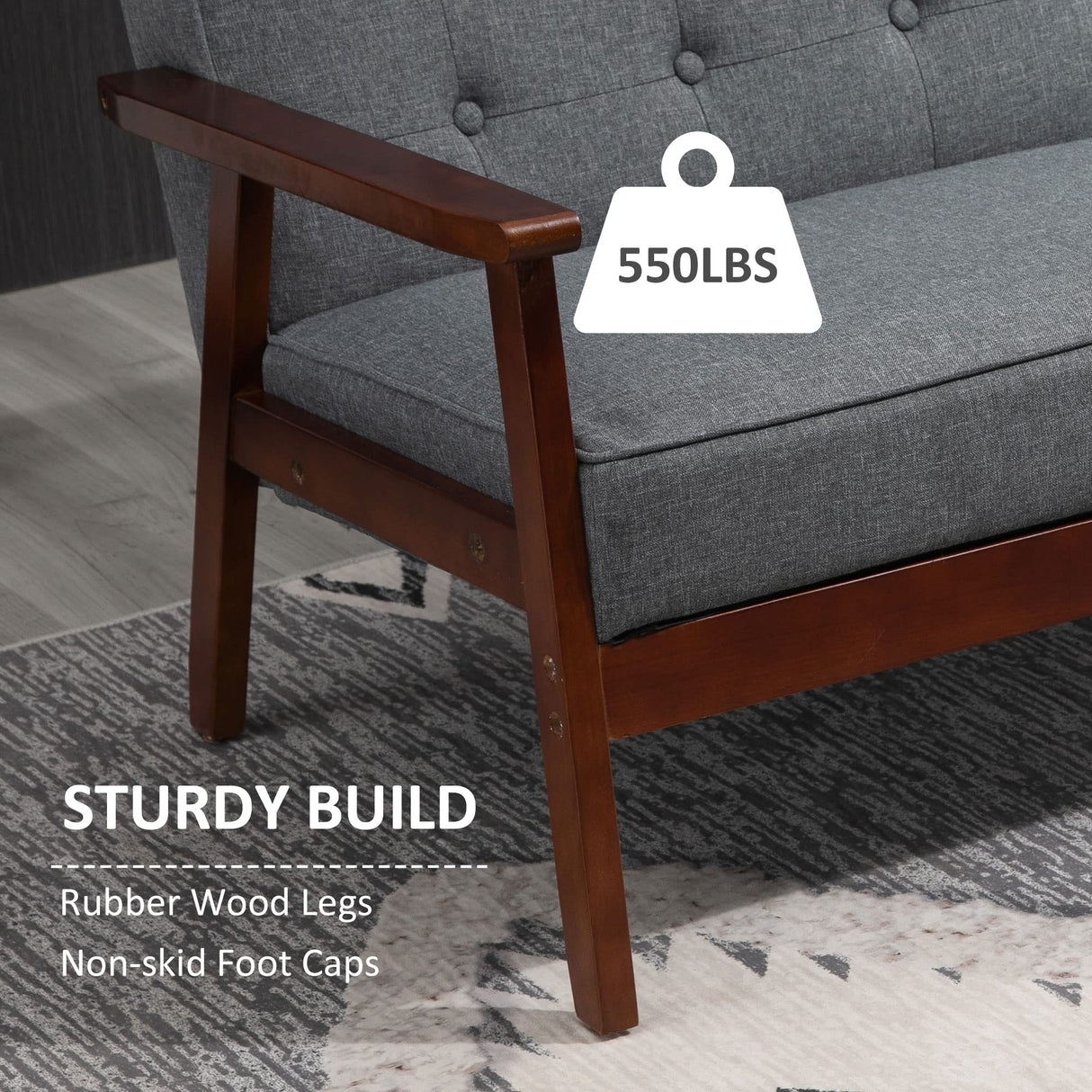 HOMCOM Modern Upholstered 2-Seat Loveseat Sofa with Linen-Touch Fabric and Rubberwood Legs, Grey HOMCOM