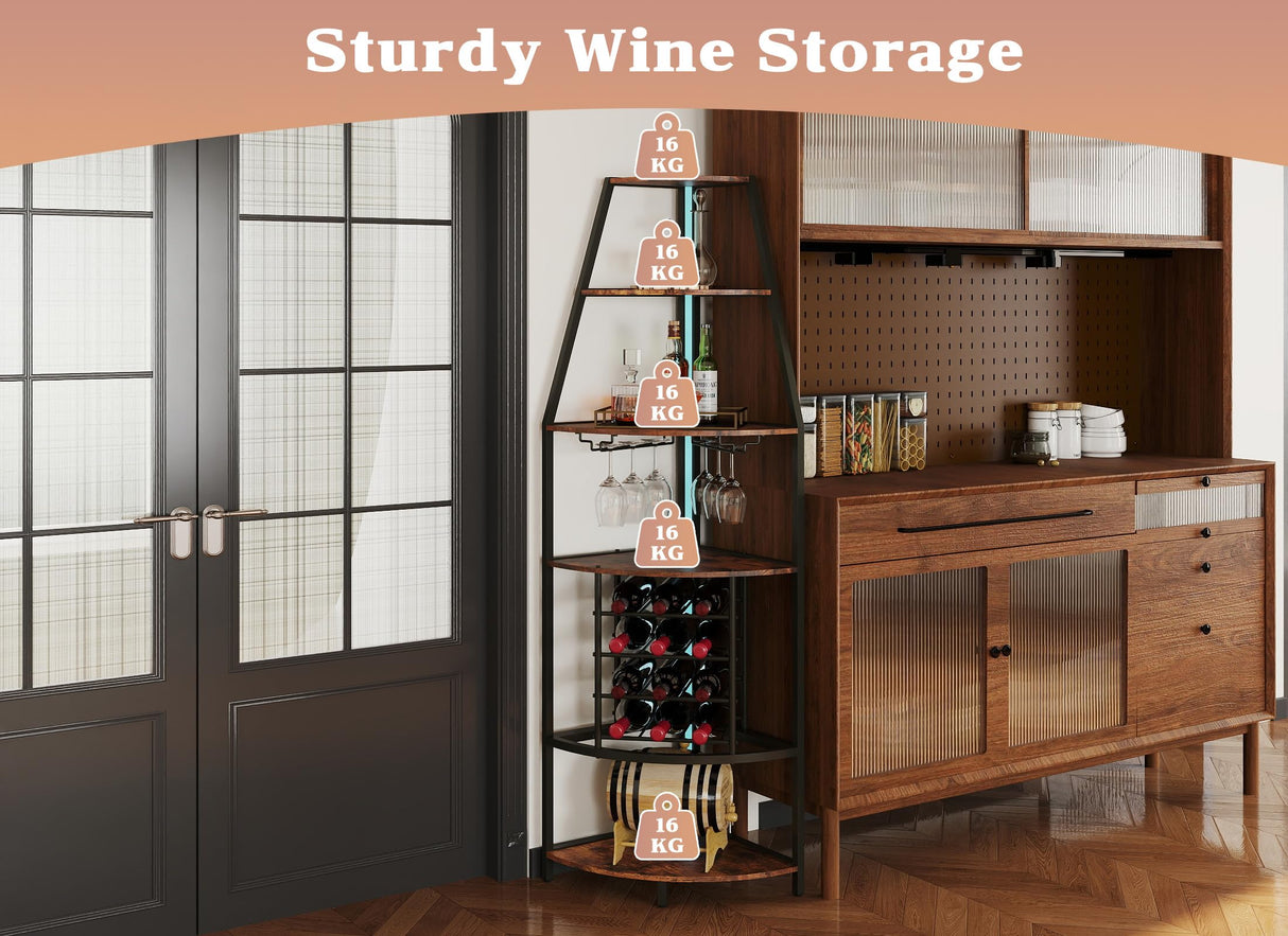 Suuiwau 6-Tier Corner Wine Rack with LED Lights, Floor Standing Wine Storage with Glass Holder, Industrial Metal and Wooden Shelf for Kitchen, Living Room, Dining Room, Home Bar Furniture Suuiwau